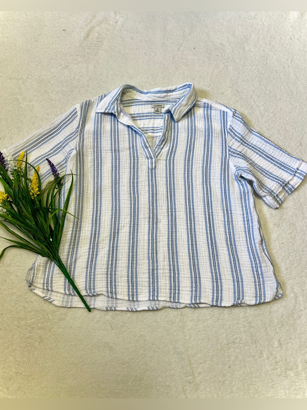 L.L. Bean Striped Cloud Gauze Cotton Polo Top - Size Medium